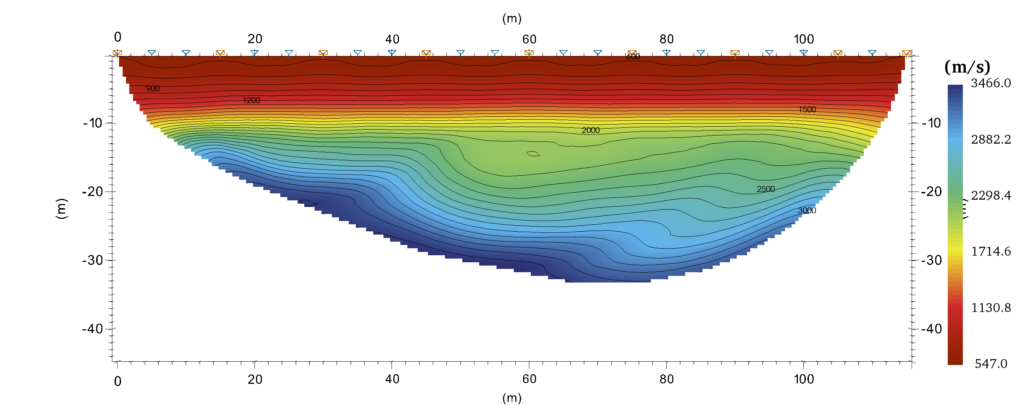 Seismic profile processed using SmartTomo that shows a slope at a depth of about 20 meters.